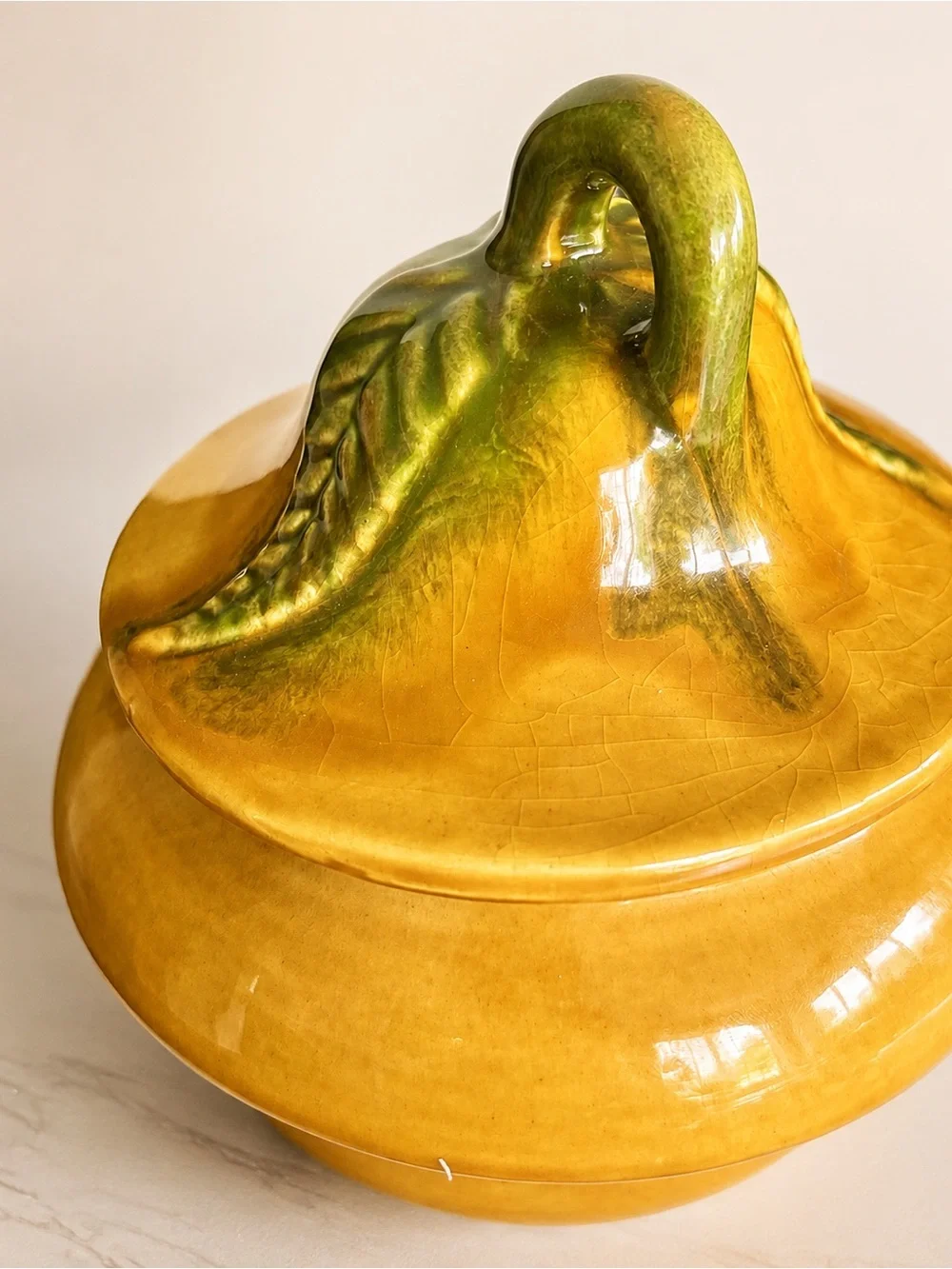 Vintage California Pottery Pear Lidded Sugar Bowl Yellow Green MCM USA 252